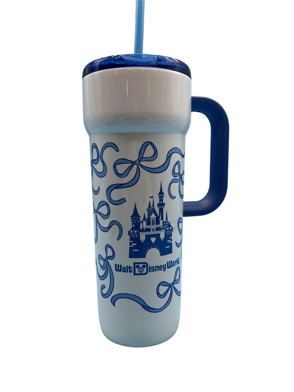 Starbucks Walt Disney World Castle Travel Mug White Blue Stainless Straw Handle
